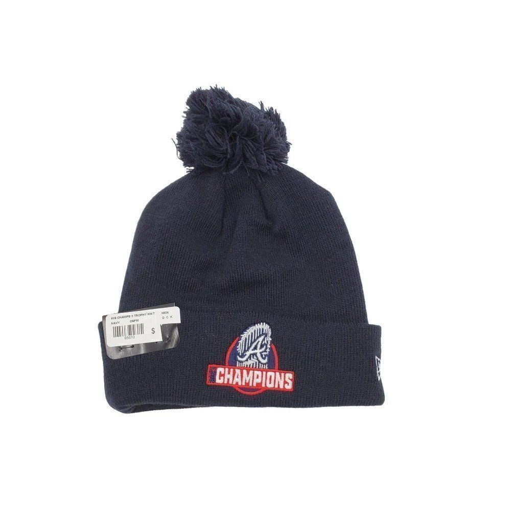 New Era Atlanta Braves Beanie Hat World Series Trophy Cap Pom Pom Navy Blue New